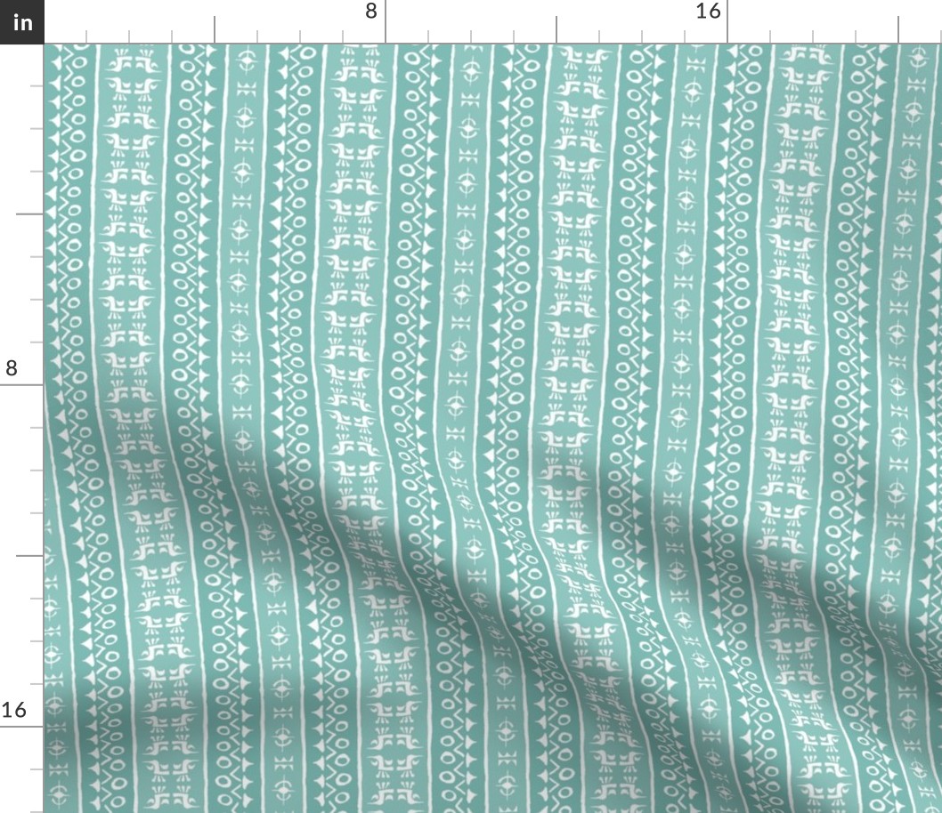 TRIBAL BIRD STRIPE Soft Aqua and White 