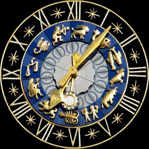 6 clocks time stars zodiac Horoscope Aries Taurus Gemini Cancer Leo Virgo Libra Scorpio Sagittarius Capricorn Aquarius Pisces astrology gold black roman numerals lobsters twins children baby babies ox bulls goats ram fishes man water archer bows arrows sc