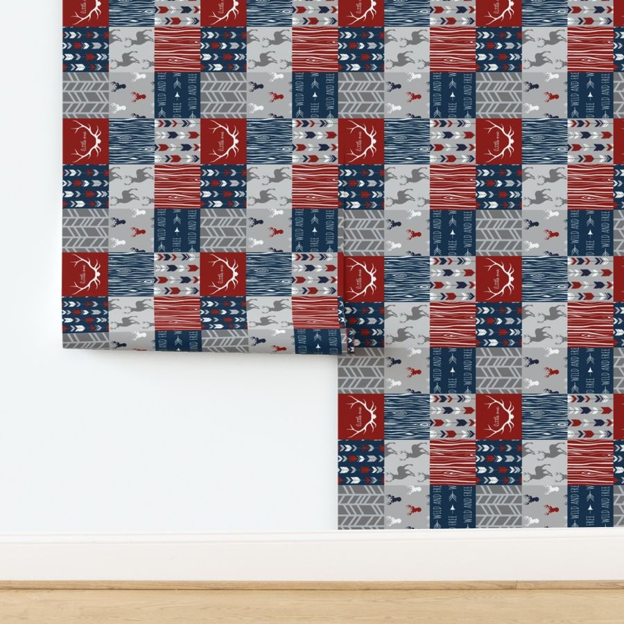 Deer Patchwork - Scarlet, Navy, and Grey - Little One Quilt - (red white and blue)