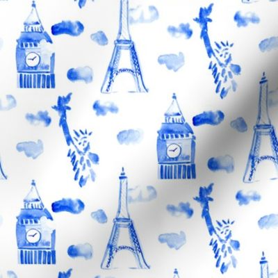 City London New York Paris Indigo Blue White Watercolor Cloud Cities_Miss Chiff Designs