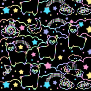 14 alpaca llamas stars rainbows clouds trees ponds lakes teddy bears shooting cats sky skies night kawaii japanese inspired moon castles fairy kei elegant gothic lolita egl pastel neon glowing sparkles sparkling silhouette outlines colorful 