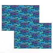 hammerhead sharks on blue