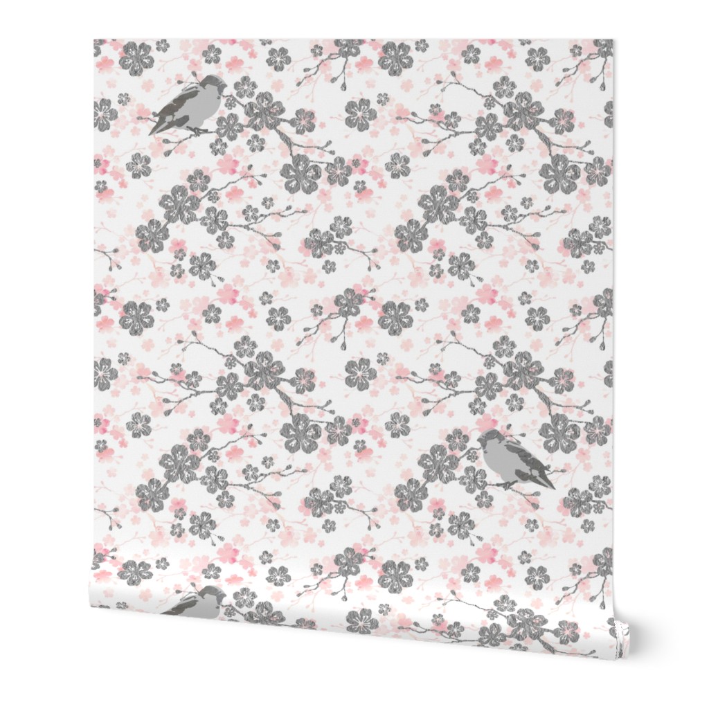 Silver and pink cherry blossom birds