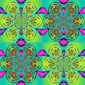 PINK MINT PURPLE GREEN ABSTRACT FLOWERS CHECKERBOARD