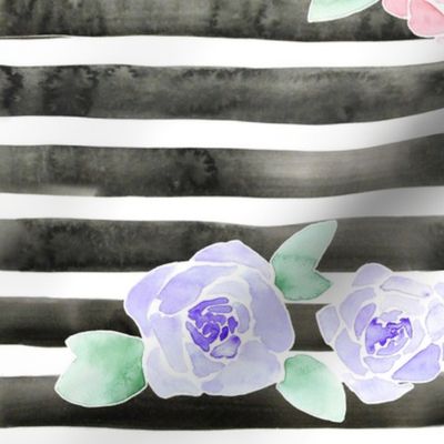 Watercolor Roses on Charcoal Stripes