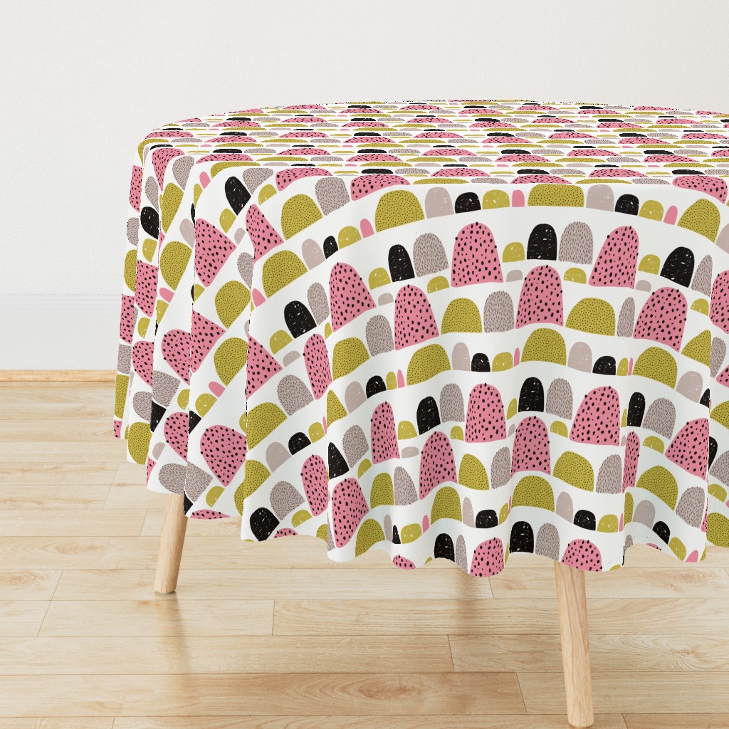 Dotted textured summer mole hills and abstract colorful mountains scallop pink mustard