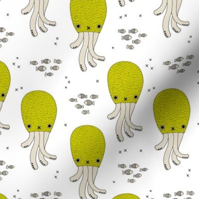 Magical under water world jelly fish octopus kids design gender neutral mustard