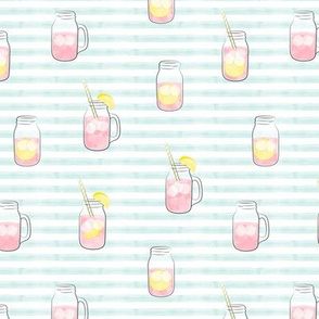 pink lemonade  w/ straws - summer time drinks on light blue