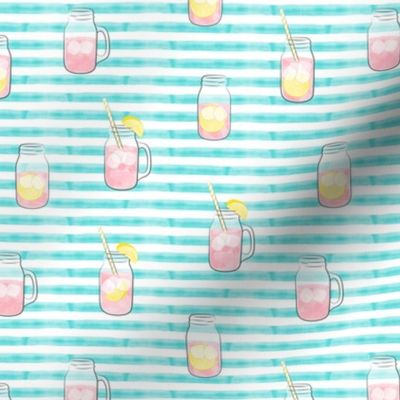 pink lemonade  w/ straws - summer time drinks on blue  stripes