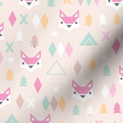 Geometric fox and pine tree illustration pattern soft japanese kawaii pastels