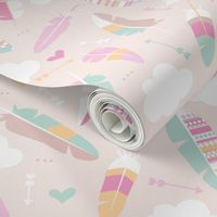 Geometric feathers pastel arrows and clouds illustration pattern girls