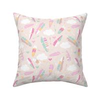 Geometric feathers pastel arrows and clouds illustration pattern girls