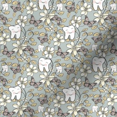 Posh Dental Floral in Fresh Contemporary Color palette / Blushing Teeth, Flowers, Butterflies on Grey SMALL  