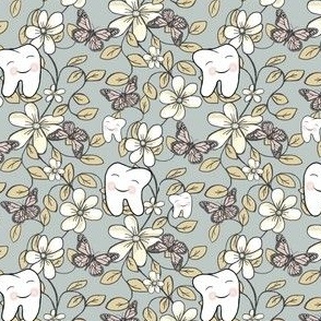 Posh Dental Floral in Fresh Contemporary Color palette / Blushing Teeth, Flowers, Butterflies on Grey SMALL  