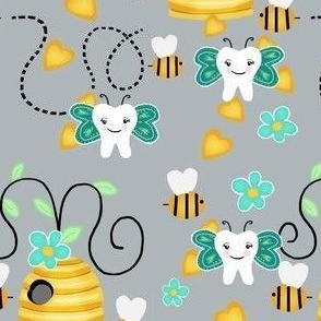 Fantasy Butterflies and bees / Dental tooth design on gray with flowers rdh    