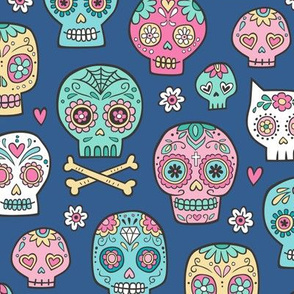 Sugar Skulls on Dark Blue Navy