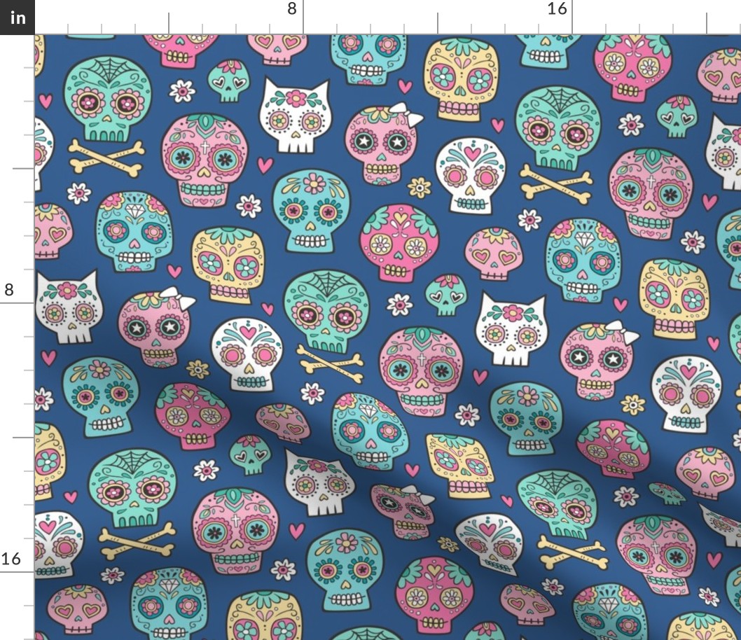 Sugar Skulls on Dark Blue Navy