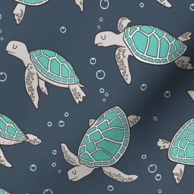 Sea Turtles Green Mint Nautical Ocean on Dark Blue Navy