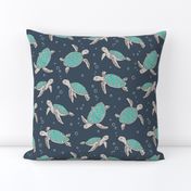 Sea Turtles Green Mint Nautical Ocean on Dark Blue Navy