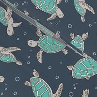 Sea Turtles Green Mint Nautical Ocean on Dark Blue Navy