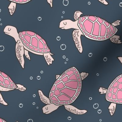 Sea Turtles Nautical Ocean Pink on Dark Grey 