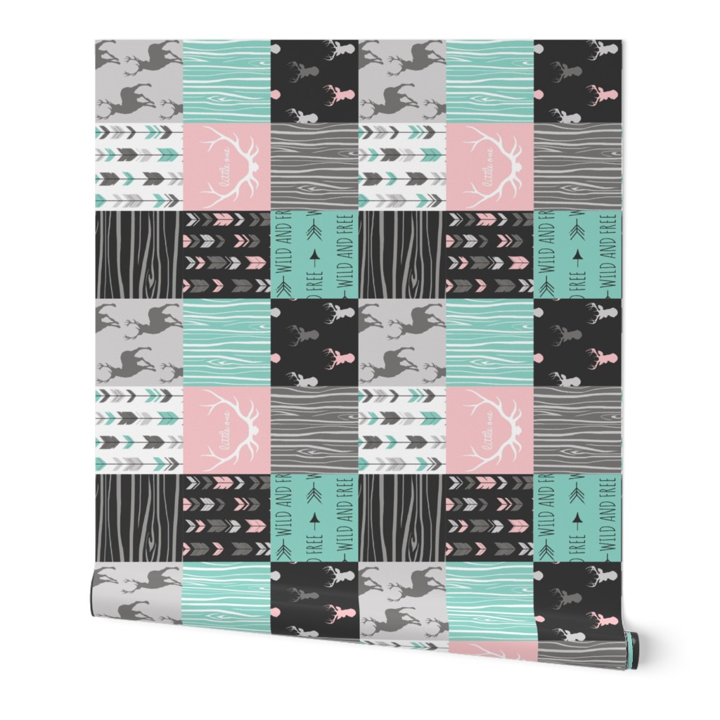 patchwork Deer- pink and light teal - rotated