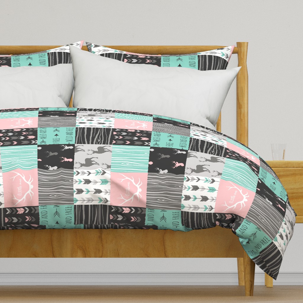 patchwork Deer- pink and light teal - rotated