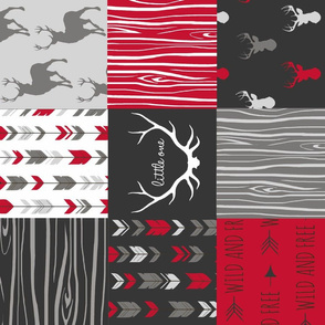 wholecloth Quilt - Patchwork Deer in cherry red, black and grey