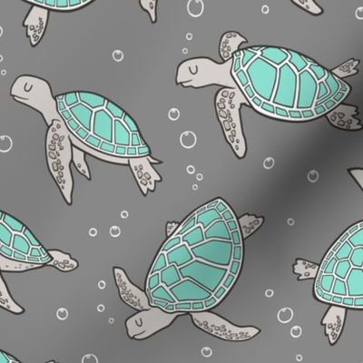 Sea Turtles Mint Green  Nautical Ocean Green on Grey 
