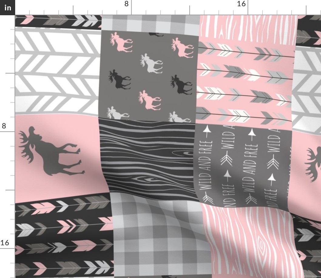 pink Moose - Patchwork Quilt - pink/grey/black - Rotated