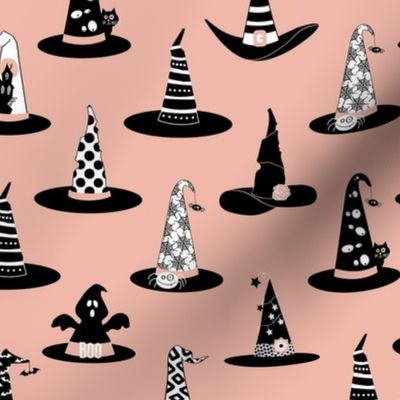 Vintage Halloween Witch Hats - Black & Coral on Coral Pink