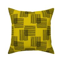 Black ink lines and square cubes modern mid century design mustard yellow wallpaper