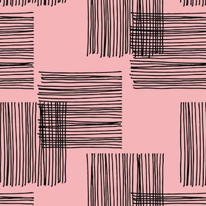Black ink lines and square cubes modern mid century design pastel pink wallpaper