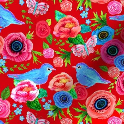 Scandinavian Red  floral, bird floral, red, flowers, rose, poppy, birds,  with bluebirds 