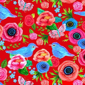 Scandinavian Red  floral, bird floral, red, flowers, rose, poppy, birds,  with bluebirds 