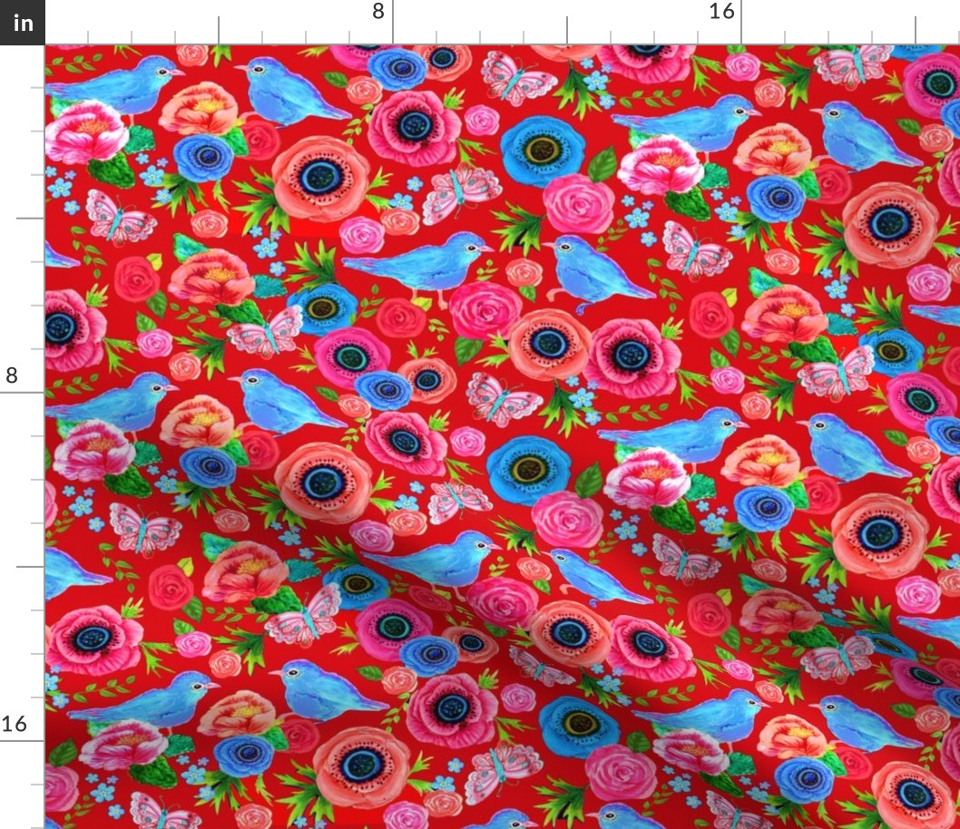 Scandinavian Red  floral, bird floral, red, flowers, rose, poppy, birds,  with bluebirds 