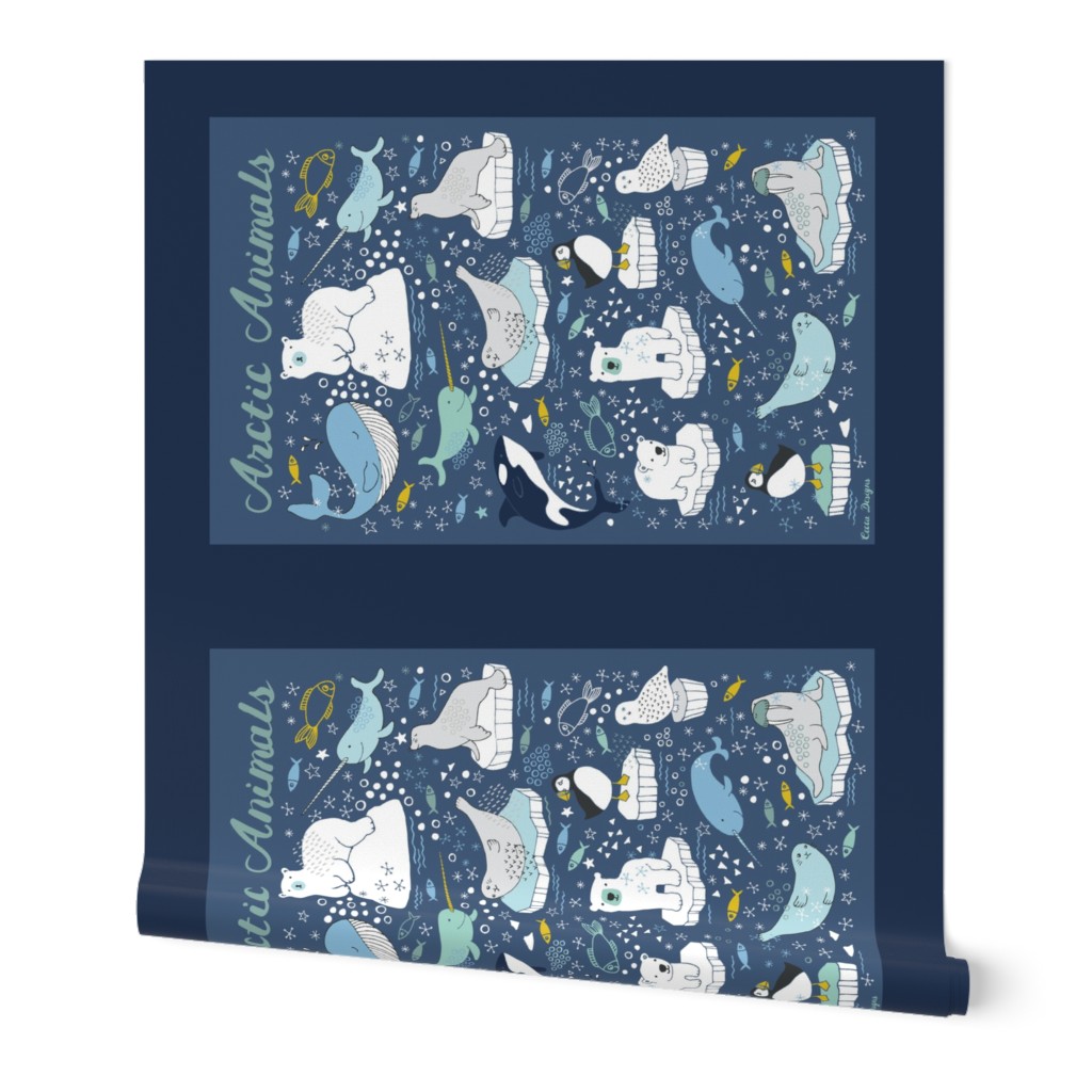 Arctic Animals - Tea Towel - blue and mustard