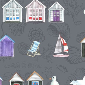 Bournemouth Beach Huts - on Grey with shells