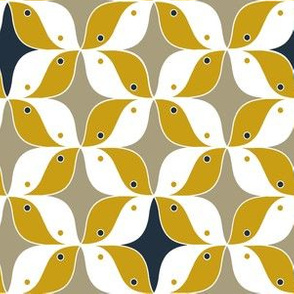 60s style birds in ocher/beige/navy