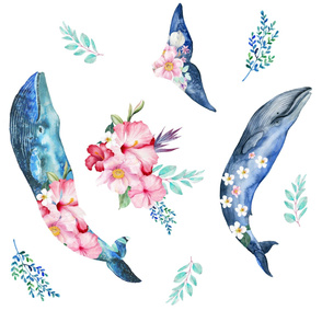 36" Summer Floral Whales - 90 degrees