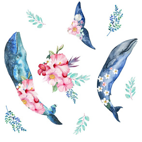 21" Summer Floral Whales - 90 degrees