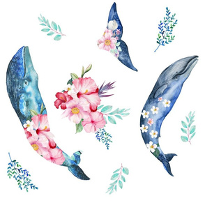 18" Summer Floral Whales - 90 degrees