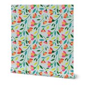 Blooming Delight: A vibrant pattern of pink and red flowering buds with mint green leaves on celadon.