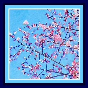Cherry Blossom Blue Sky White and Blue Border Mirrored with Darker Blue