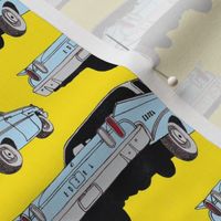 pale blue 1960 Edsel Ranger floating on yellow background