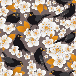 Waiting for the cherries 2 // brown background white flowers blackbirds