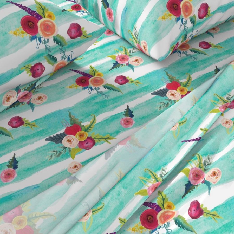 Watercolor Stripe with Floral // Aqua 