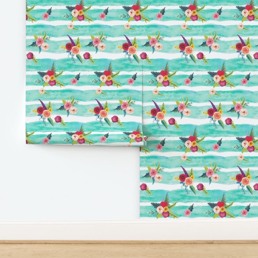 Watercolor Stripe with Floral // Aqua 