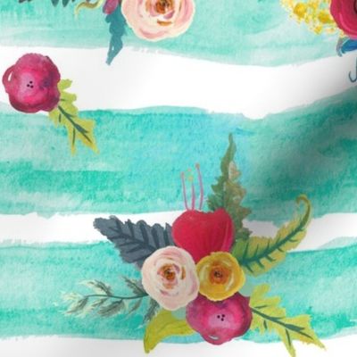 Watercolor Stripe with Floral // Aqua 