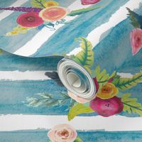 Watercolor Stripe with Floral // Cerulean 